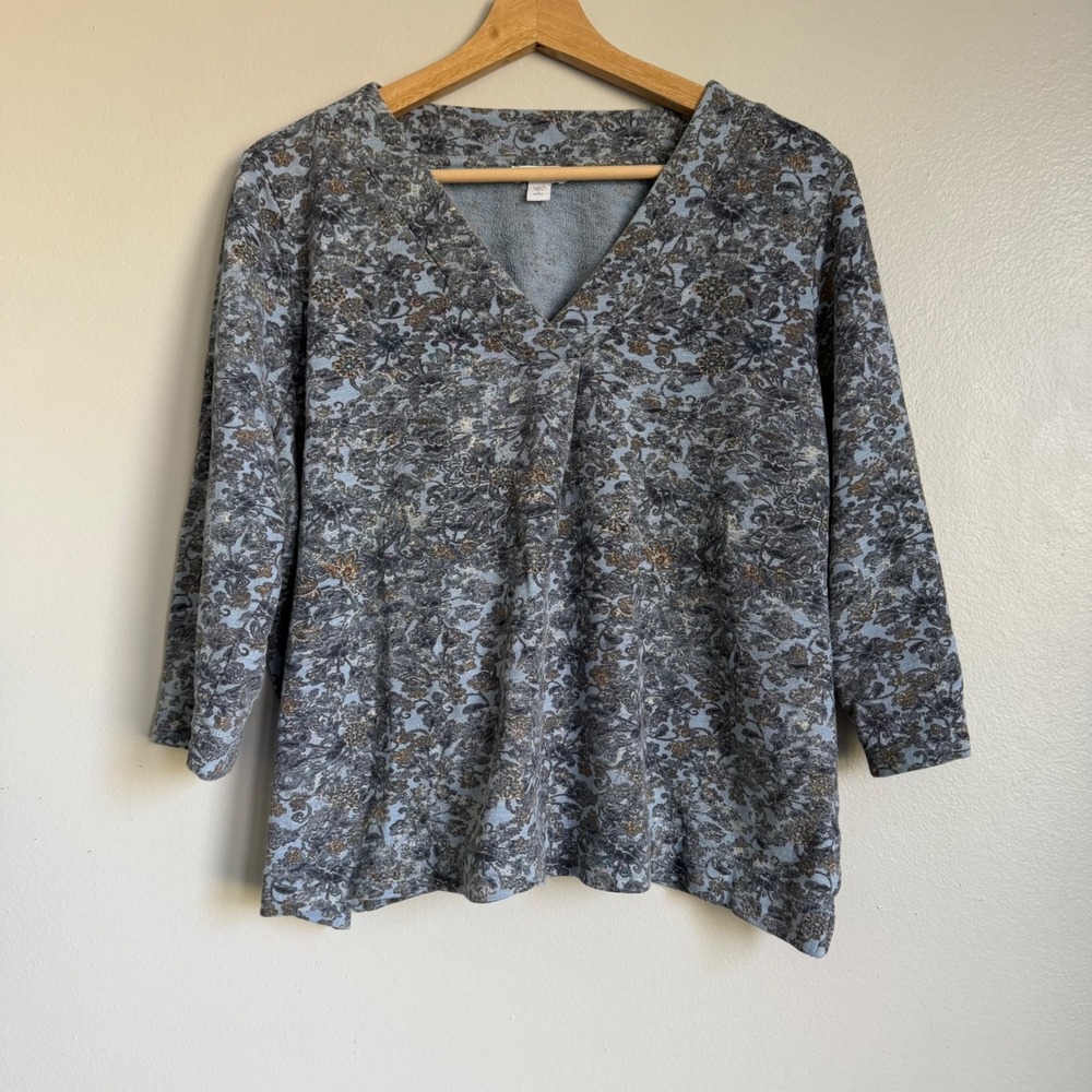 Pure Jill Womens L Petite Blue Floral‎ V-Neck 100% Cotton French Terry Top